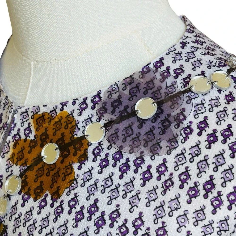 Tory Burch Sz 6 Printed Cotton And‎ Silk V Neck Tunic Top Purple Beaded Neckline